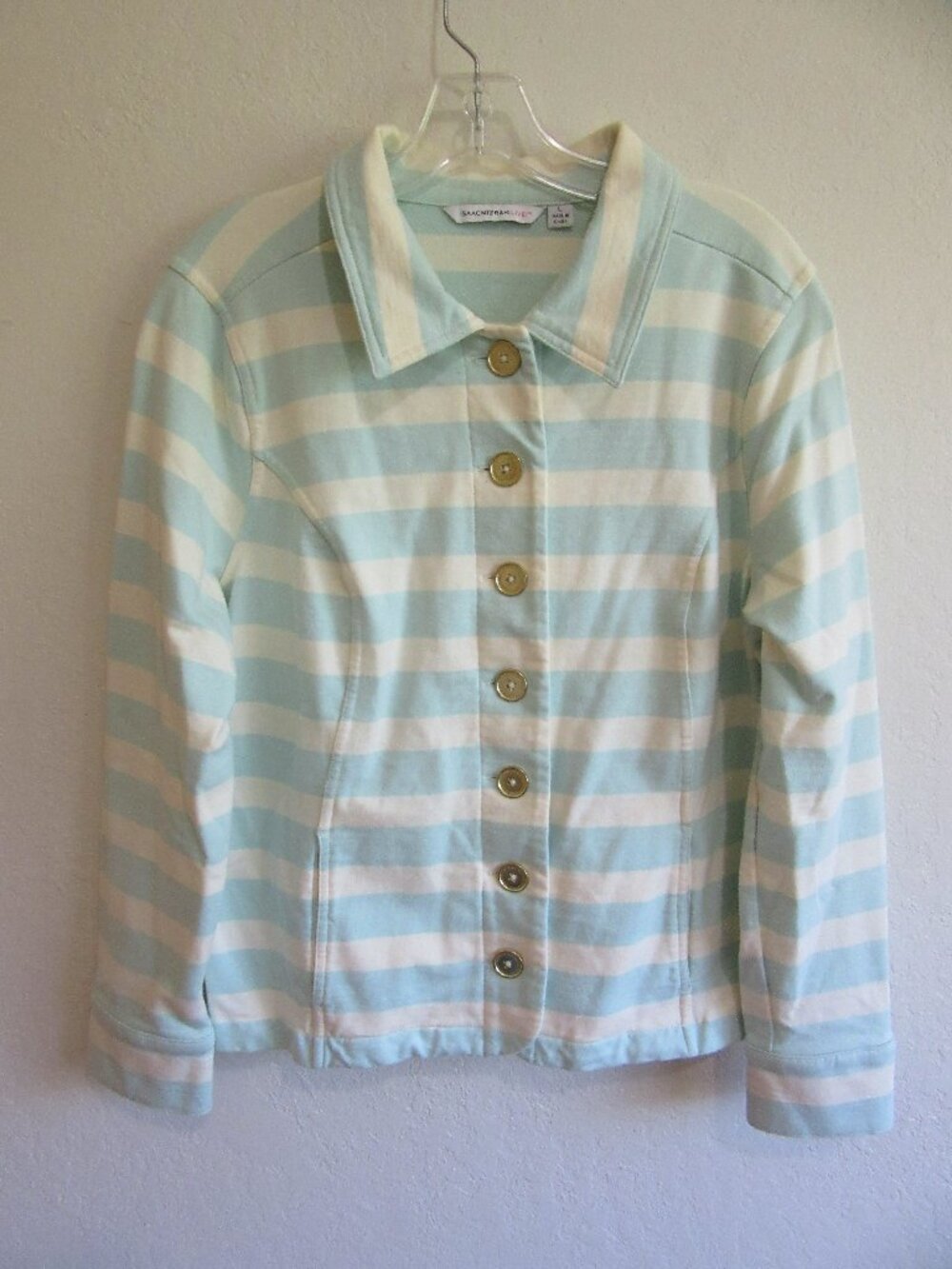 ISAAC MIZRAHI LIVE Green & White Stripe L Long Sleeve Button Shirt Jacket